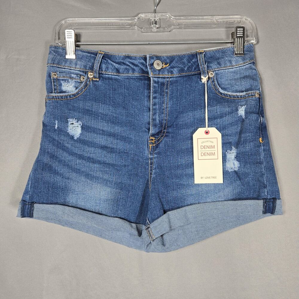 Love Tree Denim Shorts Womens Medium Blue High Waist Stretch Cuffed Distressed